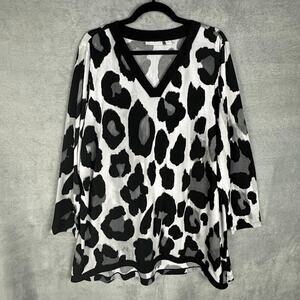 Susan Graver Top Women 1X Black Cheetah Long Sleeve Stretch Career Comfort Tunic